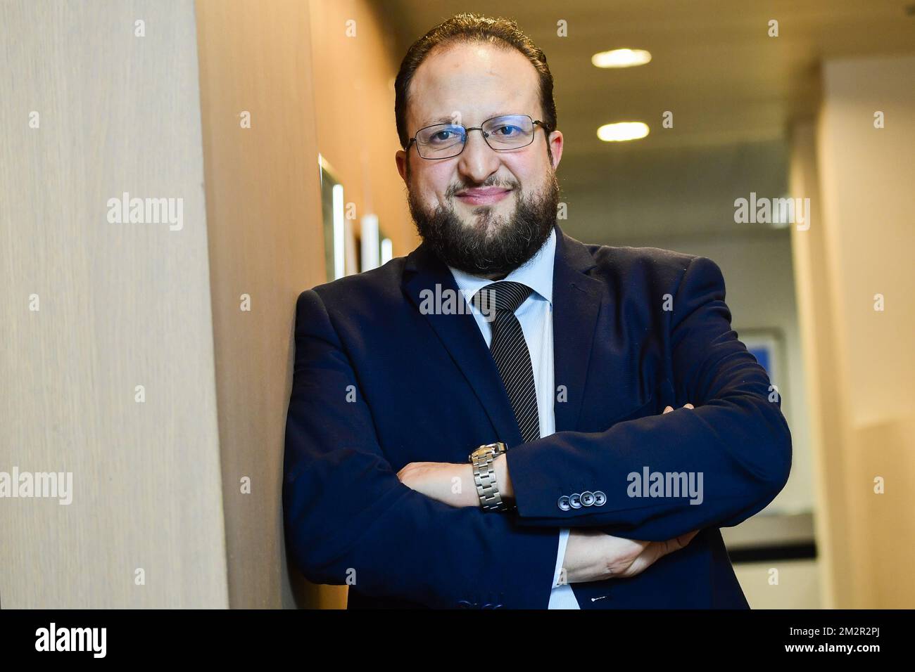 Belgian cultural islamic center Vice-President Nordine Taouil poses for the photographer at a press conference to present the new association called the Belgian cultural islamic center (centre culturel islamique de Belgique - Cultureel Islamitisch Centrum van Belgie), to manage the Great Mosque of Brussels, Wednesday 27 February 2019. BELGA PHOTO LAURIE DIEFFEMBACQ Stock Photo