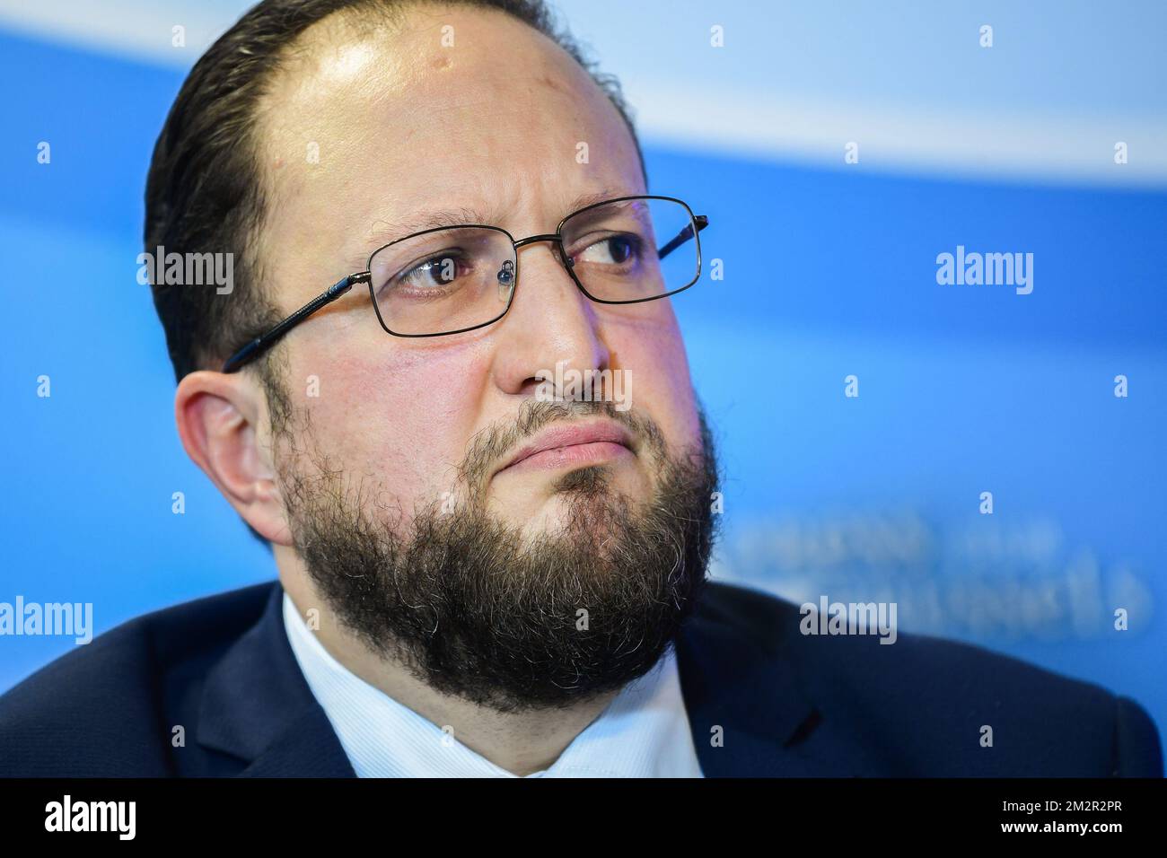 Belgian cultural islamic center Vice-President Nordine Taouil pictured during a press conference to present the new association called the Belgian cultural islamic center (centre culturel islamique de Belgique - Cultureel Islamitisch Centrum van Belgie), to manage the Great Mosque of Brussels, Wednesday 27 February 2019. BELGA PHOTO LAURIE DIEFFEMBACQ Stock Photo