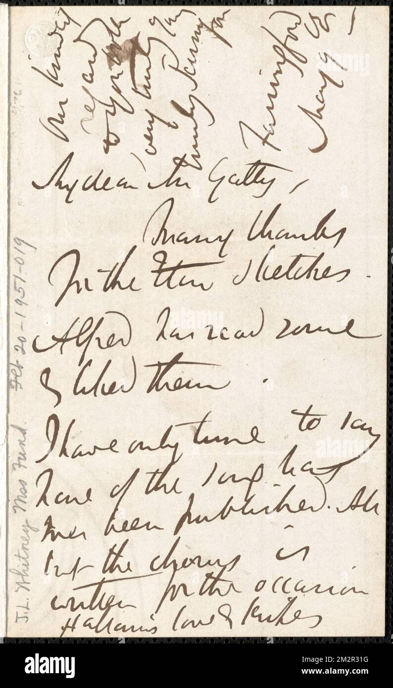 Emily Tennyson autograph letter signed to Mrs. Gatty, Farringford, [Isle of Wight], 9 May [1859?] , Authors' spouses, Great Britain, Correspondence, Families, Great Britain, Social life and customs, 19th century, Poets, English, 19th century, Family relationships, Tennyson, Alfred Tennyson, Baron, 1809-1892, Tennyson, Hallam Tennyson, Baron, 1852-1928 Stock Photo