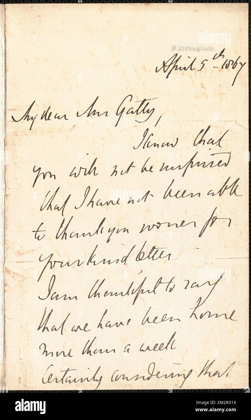 Emily Tennyson autograph letter signed to Mrs. Gatty, Farringford, [Isle of Wight], 5 April 1867 , Authors' spouses, Great Britain, Correspondence, Families, Great Britain, Social life and customs, 19th century, Poets, English, 19th century, Family relationships, Tennyson, Hallam Tennyson, Baron, 1852-1928 Stock Photo