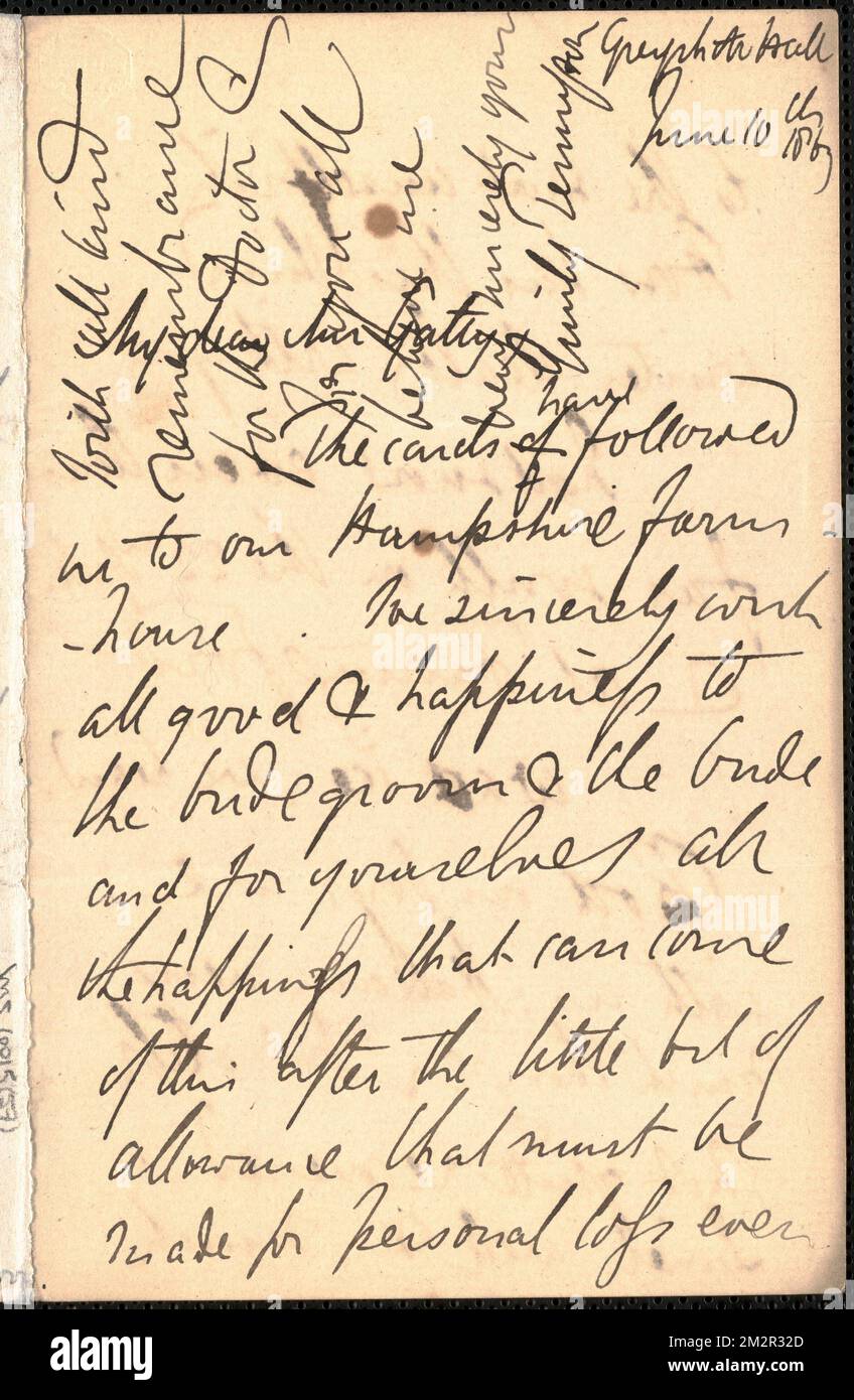 Emily Tennyson autograph letter signed to Mrs. Gatty, Greystone Hall, 10 June 1863 , Authors' spouses, Great Britain, Correspondence, Families, Great Britain, Social life and customs, 19th century, Poets, English, 19th century, Family relationships, Tennyson, Hallam Tennyson, Baron, 1852-1928, Tennyson, Lionel, 1854-1886, Tennyson, Alfred Tennyson, Baron, 1809-1892 Stock Photo