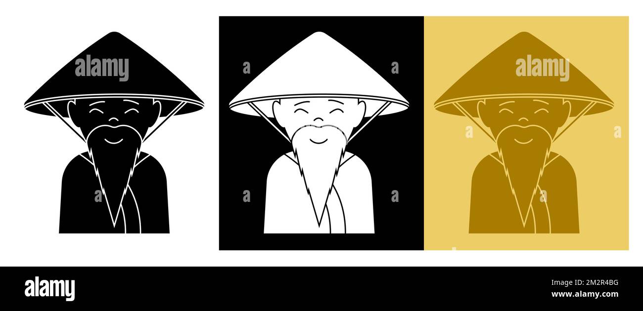 Silhouette of Asian elderly man with long beard wearing national straw round hat. Thai farmer in traditional dress. Vector isolated on white backgroun Stock Vector
