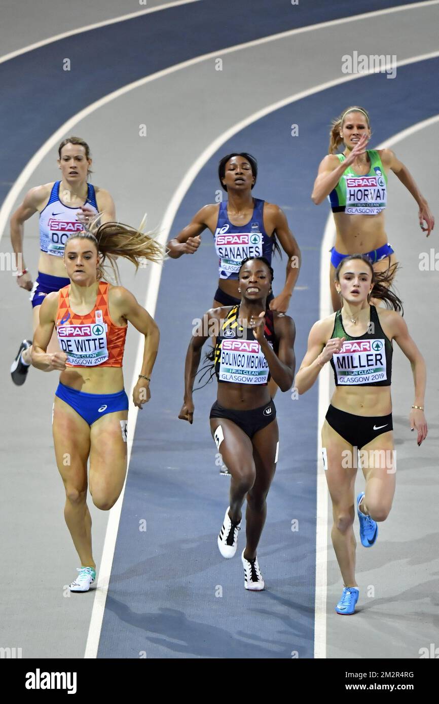 Dutch Lisanne De Witte, Belgian Cynthia Bolingo Mbongo and Russian Polina Miller sprint for the finish of the semi finals of the women's 400m competition on the first day of the European Athletics Indoor Championships, in Glasgow, Scotland, Friday 01 March 2019. The championships take place from 1 to 3 March. BELGA PHOTO BENOIT DOPPAGNE  Stock Photo