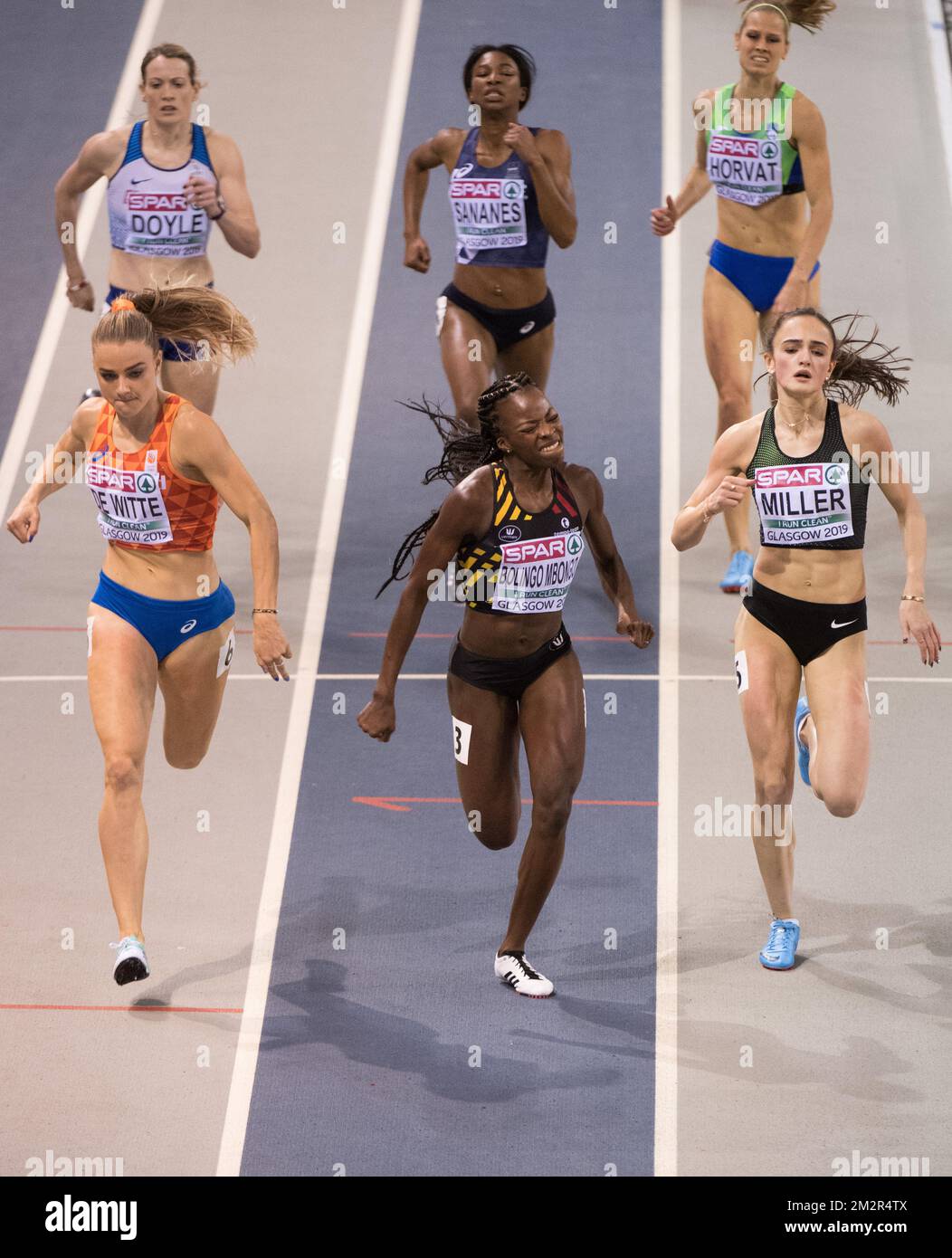 Dutch Lisanne De Witte, Belgian Cynthia Bolingo Mbongo and Russian Polina Miller sprint for the finish of the semi finals of the women's 400m competition on the first day of the European Athletics Indoor Championships, in Glasgow, Scotland, Friday 01 March 2019. The championships take place from 1 to 3 March. BELGA PHOTO BENOIT DOPPAGNE Stock Photo