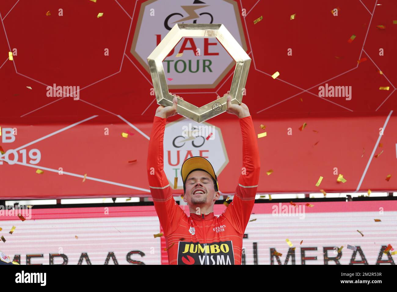 Slovenian Primoz Roglic of Team Jumbo-Visma celebrates on the podium after winning the general ranking at the final stage of the 'UAE Tour' 2019 cycling race, 145 km from Dubai Safari Park to City Walk, United Arab Emirates, Saturday 02 March 2019. This year's edition is taking place from 24 February to 2 March. BELGA PHOTO YUZURU SUNADA FRANCE OUT Stock Photo