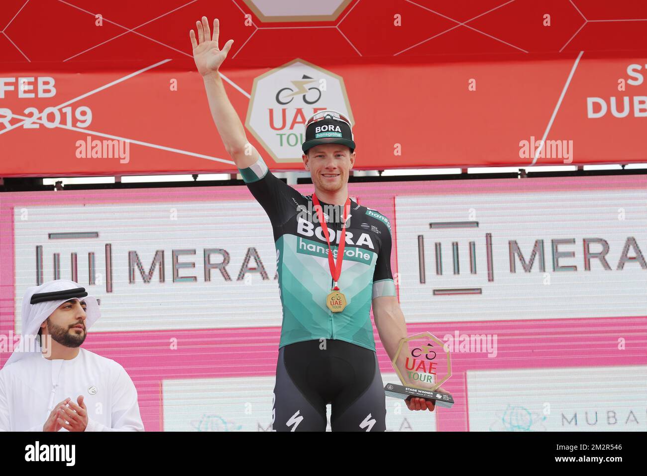 Irish Sam Bennett of Bora-Hansgrohe celebrates on the podium after winning the final stage of the 'UAE Tour' 2019 cycling race, 145 km from Dubai Safari Park to City Walk, United Arab Emirates, Saturday 02 March 2019. This year's edition is taking place from 24 February to 2 March. BELGA PHOTO YUZURU SUNADA FRANCE OUT Stock Photo