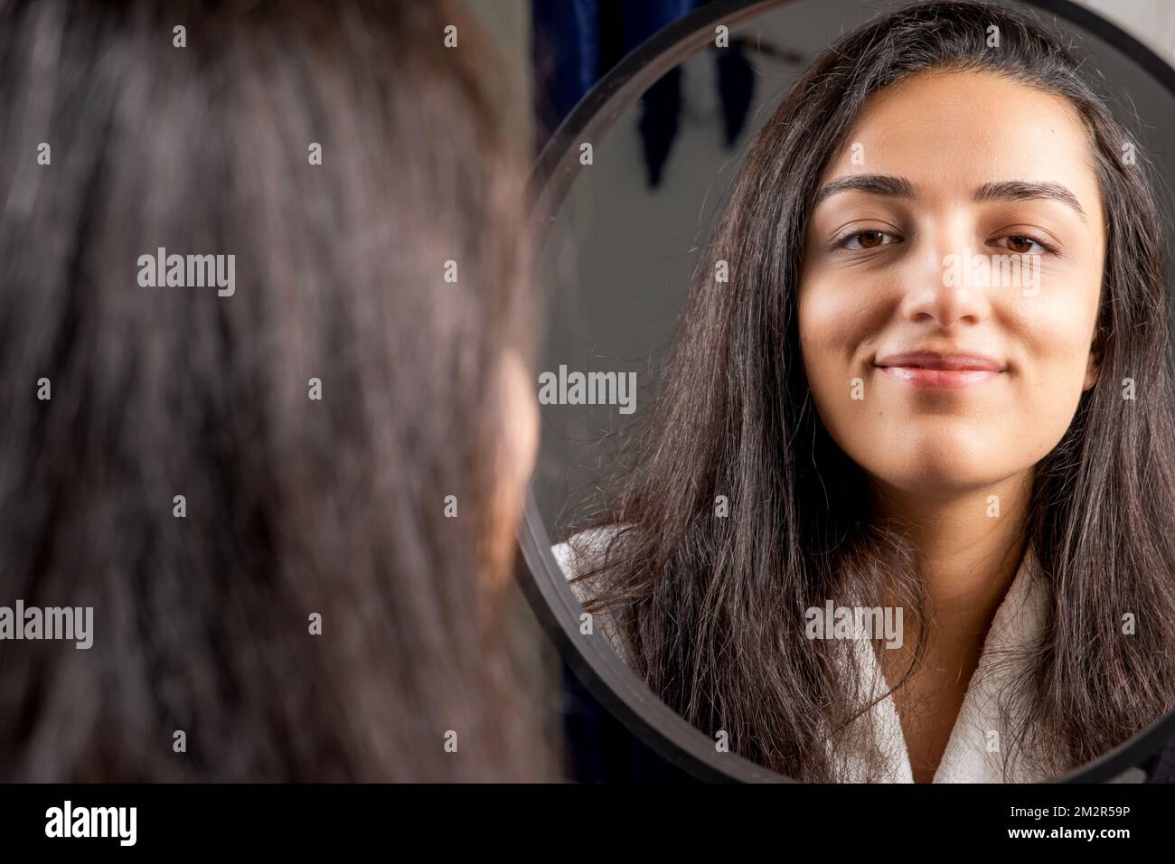 Portrait of beautiful caucasian woman self care concept. Mirror
