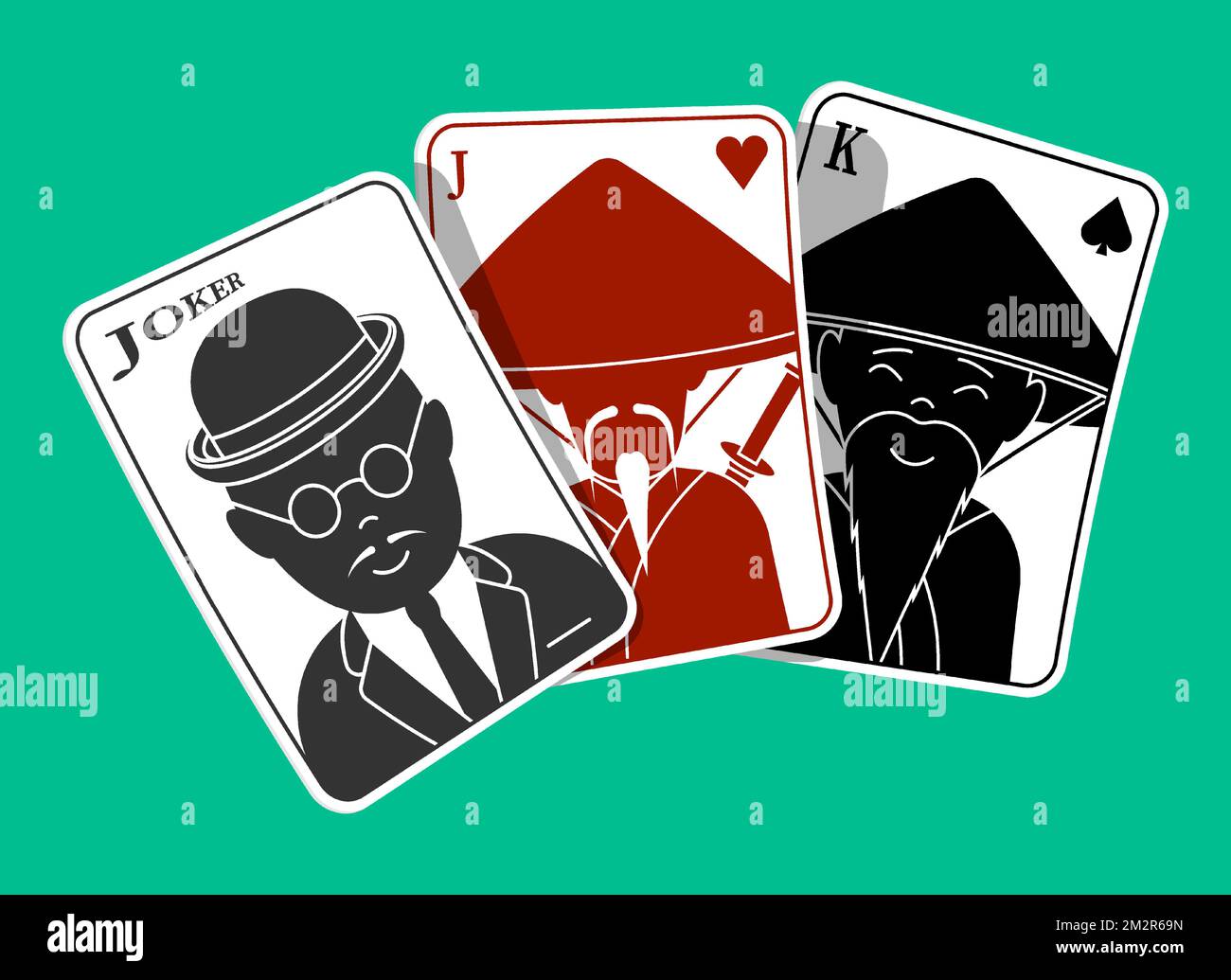 Set of playing cards with silhouettes of Asian characters. Jack, King, Joker. Gambling, betting to win in casino. Cartoon vector isolated on green bac Stock Vector