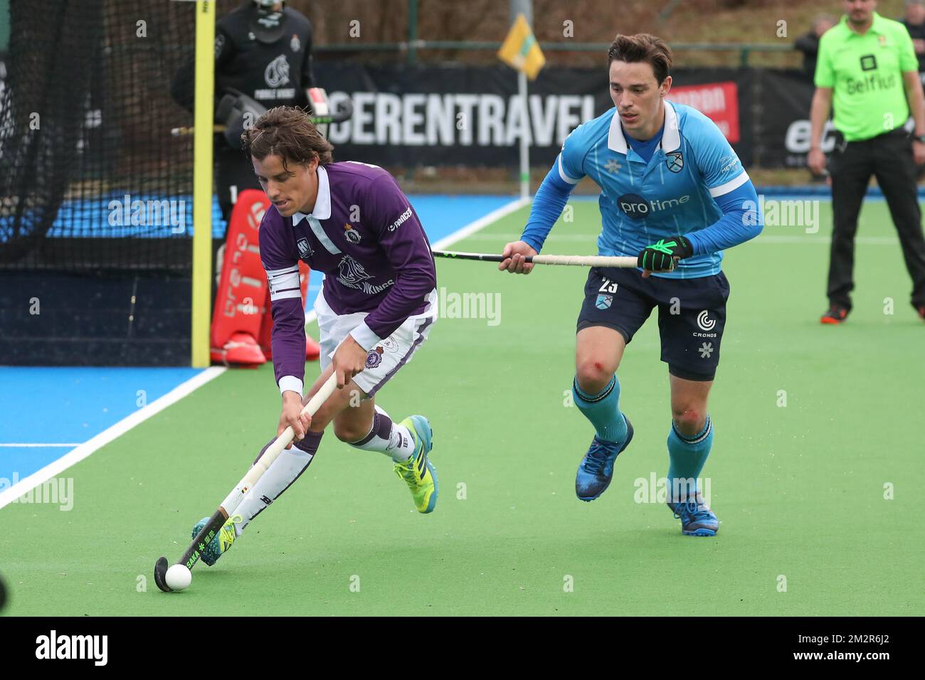 Beerschot's Harrison Peeters and Braxgata's Jim Briels fight for the ball during a hockey game between Braxgata Hockey Club and R. Beerschot T.H.C., on day 11 of the 'Audi league' hockey competition, Sunday 03 March 2019 in Boom. BELGA PHOTO BRUNO FAHY Stock Photo
