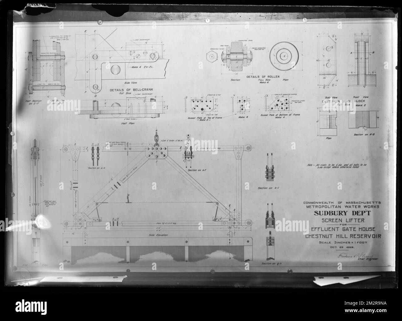 Engineering Plans, Sudbury Department, screen lifter for Effluent Gatehouse, Chestnut Hill Reservoir, Brighton, Mass., Oct. 25, 1898 , waterworks, engineering maps Stock Photo