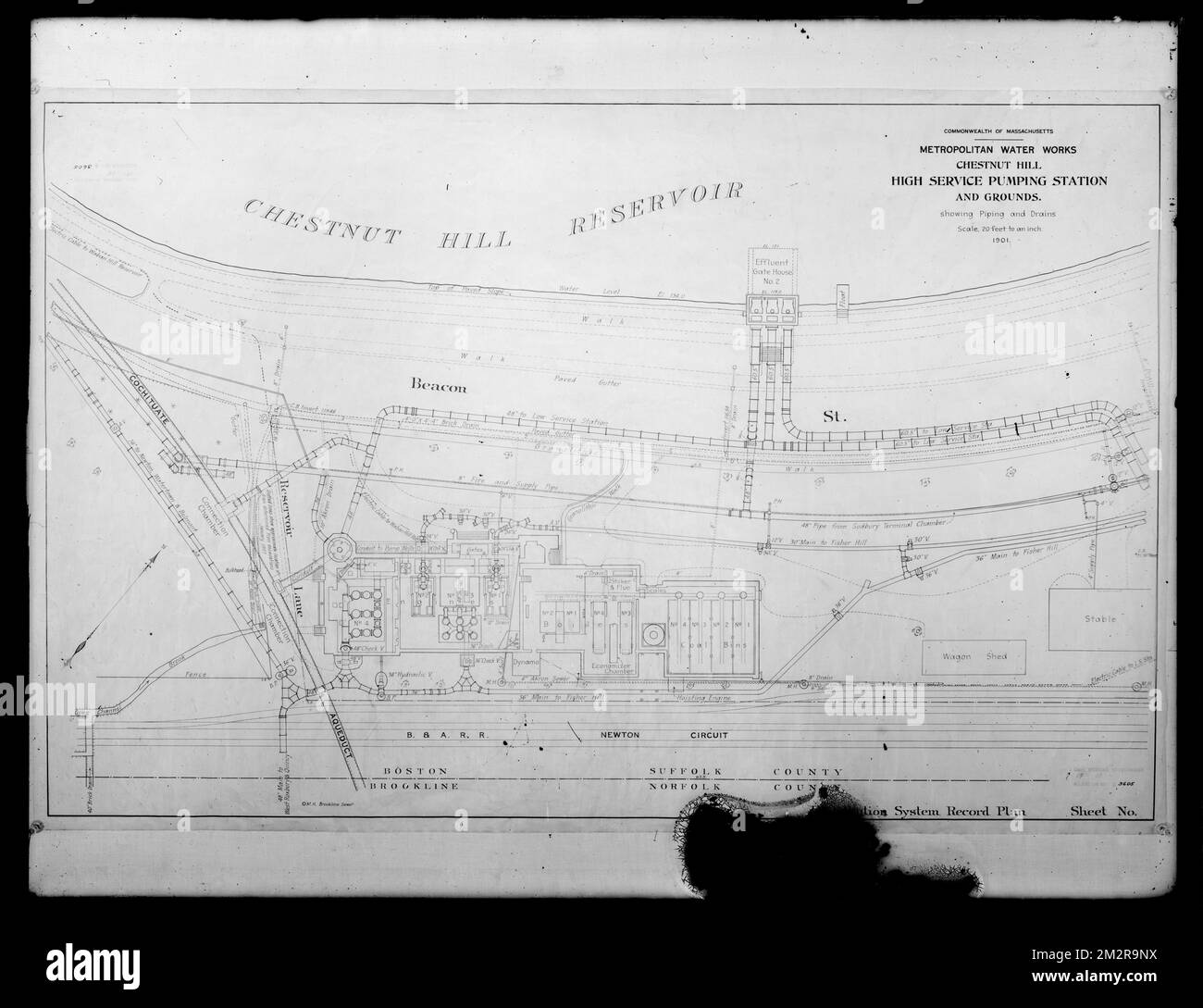 Engineering Plans, Distribution Department, Chestnut Hill High Service Pumping Station and grounds, Piping and Drains, Acc. No. B3605, Brighton, Mass., 1901 , waterworks, engineering maps Stock Photo