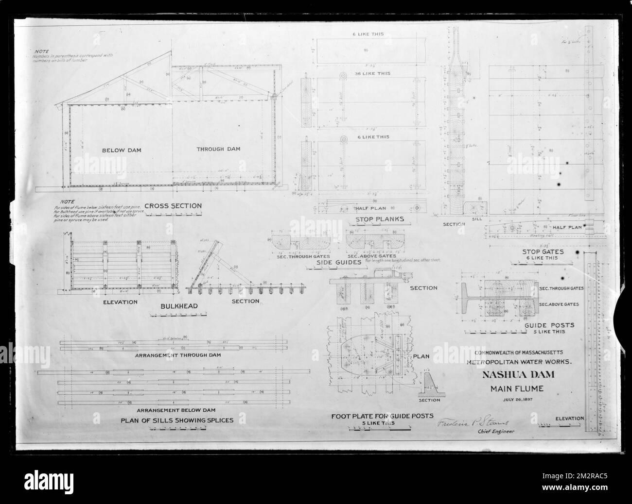 Engineering Plans, Wachusett Dam, main flume, Clinton, Mass., Jul. 26, 1897 , waterworks, dams, engineering maps Stock Photo