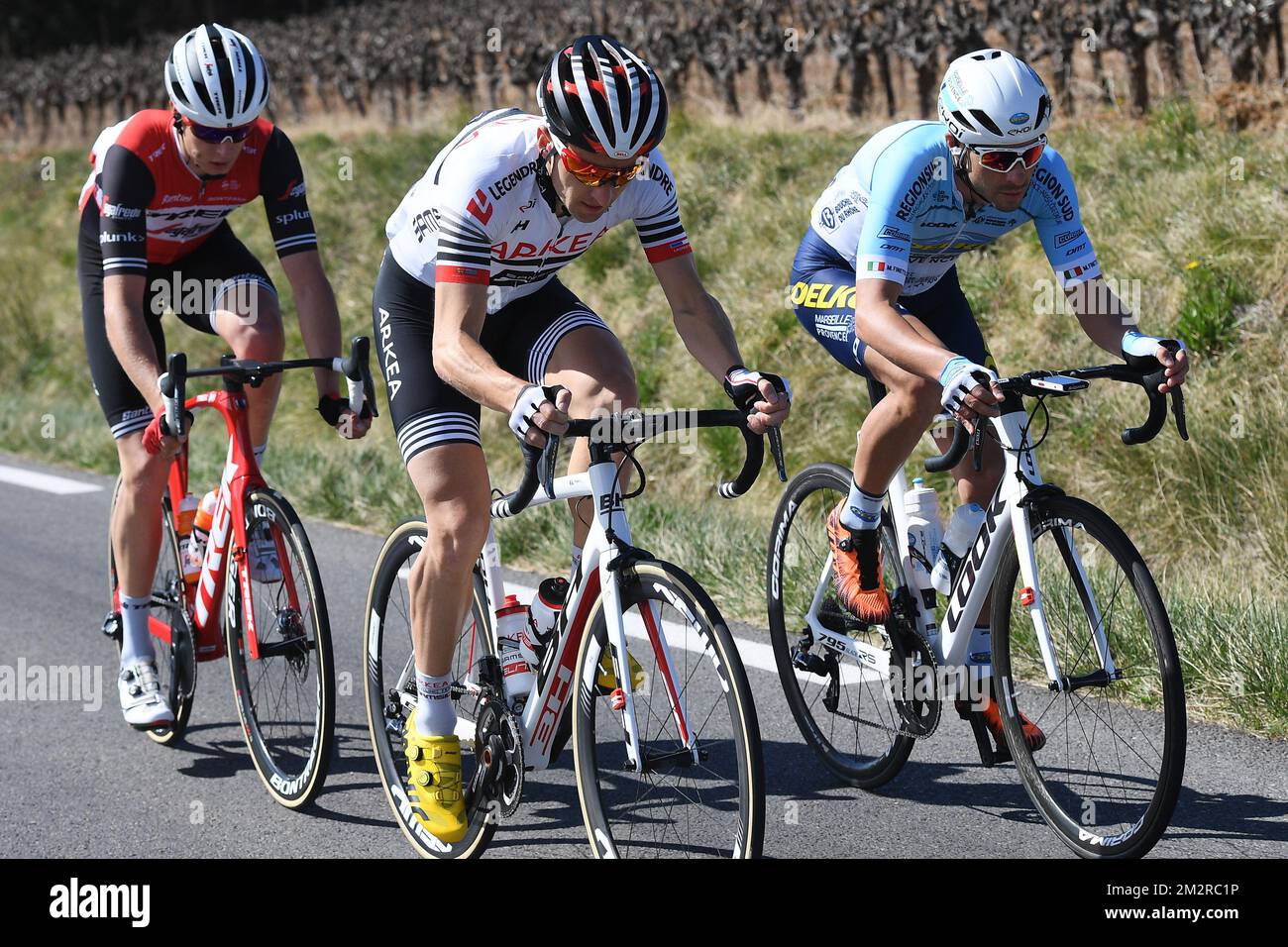 Luxembourg's Alex Kirsch of Trek-Segafredo, French Laurent Pichon of Team Arkea - Samsic and Italian Mauro Finetto of Delko Marseille Provence pictured in action during the sixth stage of the 77th edition of the Paris-Nice cycling race, 176.5 km from Peynier to Brignoles, France, Friday 15 March 2019. The race starts on the 10th and ends on the 17th of March. BELGA PHOTO DAVID STOCKMAN Stock Photo