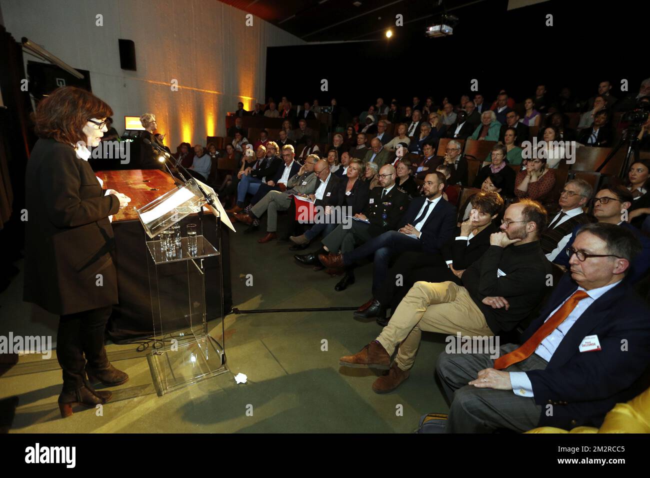 cdH's Joelle Milquet delivers a speech at a party forum, entitled 'Comment retablir la confiance des Belges envers l'Etat et ses institutions les plus emblematiques', of French-speaking christian democrats cdH, ahead of the upcoming regional, federal and European elections, Saturday 16 March 2019 in Brussels. BELGA PHOTO NICOLAS MAETERLINCK Stock Photo