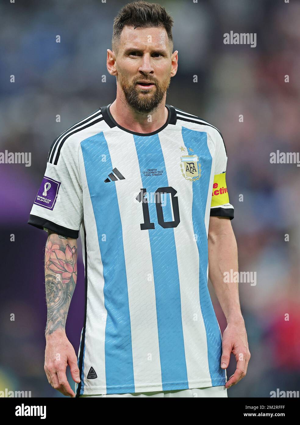 Lionel Messi of Argentina looks ahead during the FIFA World Cup Qatar 2022 match, Semi-final between Argentina and Croatia played at Lusail Stadium on Dec 13, 2022 in Lusail, Qatar. (Photo by Heuler Anbdrey / DiaEsportivo / PRESSIN) Stock Photo