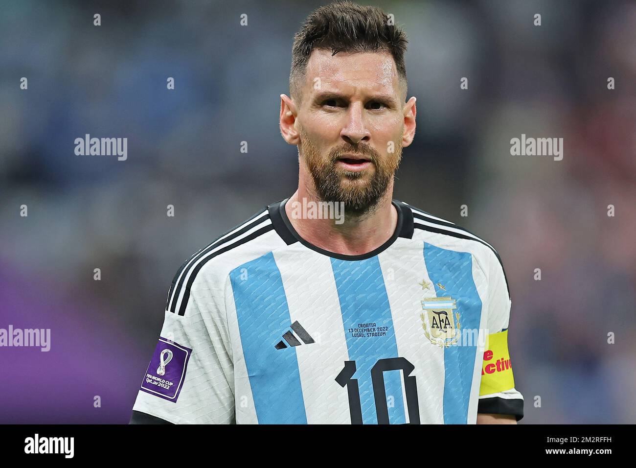 Lionel Messi of Argentina looks ahead during the FIFA World Cup Qatar 2022 match, Semi-final between Argentina and Croatia played at Lusail Stadium on Dec 13, 2022 in Lusail, Qatar. (Photo by Heuler Anbdrey / DiaEsportivo / PRESSIN) Stock Photo
