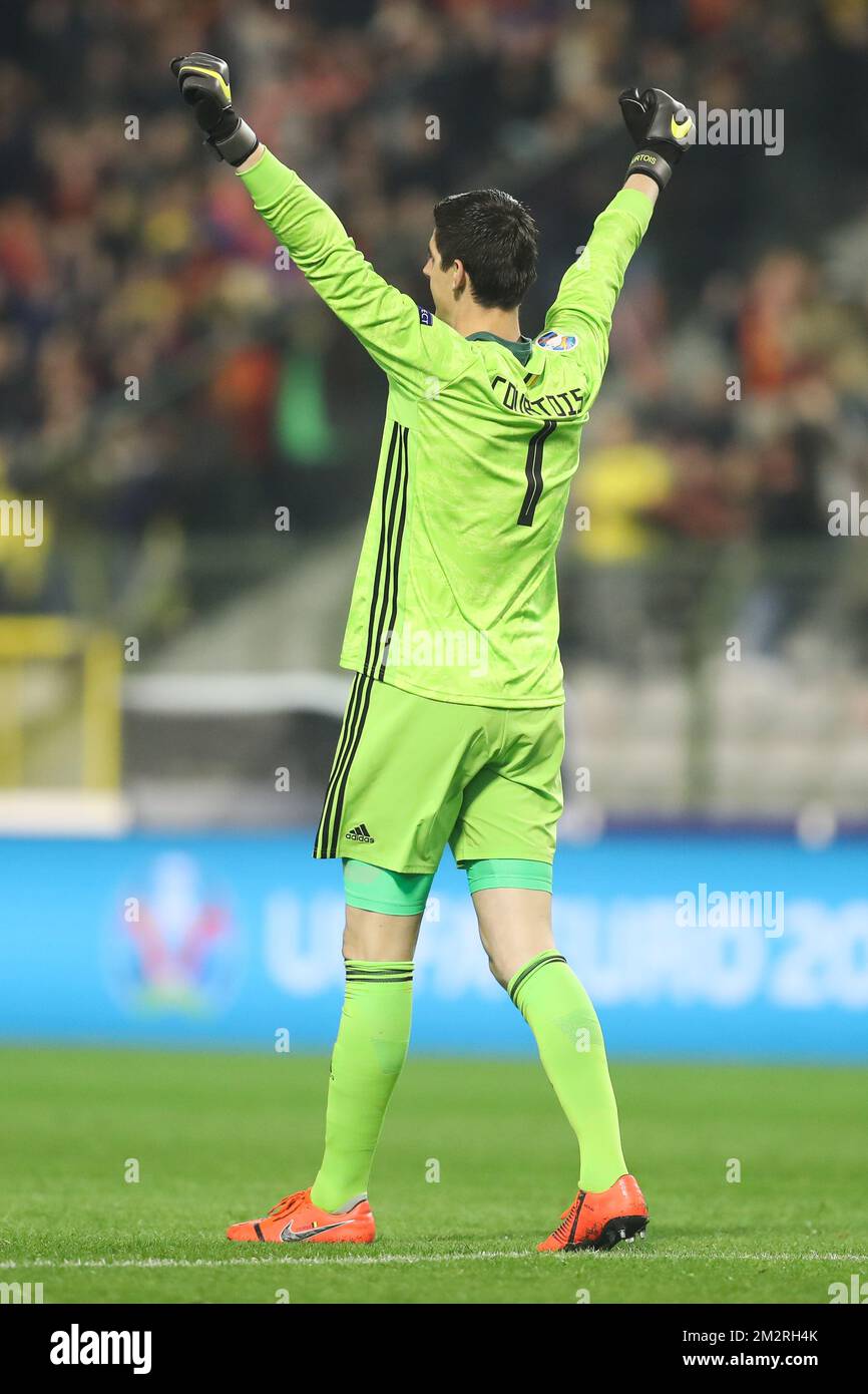 Belgium's goalkeeper Thibaut Courtois celebrates during a match between Belgian national soccer