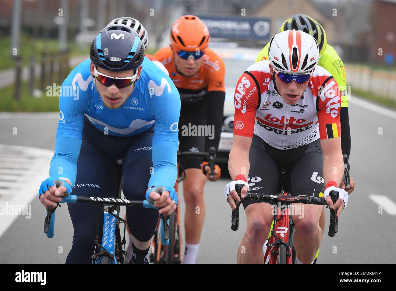 German Jasha Sutterlin of Movistar Team and Belgian Stan Dewulf of Lotto Soudal pictured in action during the men's elite stage of the Driedaagse Brugge - De Panne cycling race, 200,3km from Brugge to De Panne, Wednesday 27 March 2019. BELGA PHOTO DAVID STOCKMAN Stock Photo