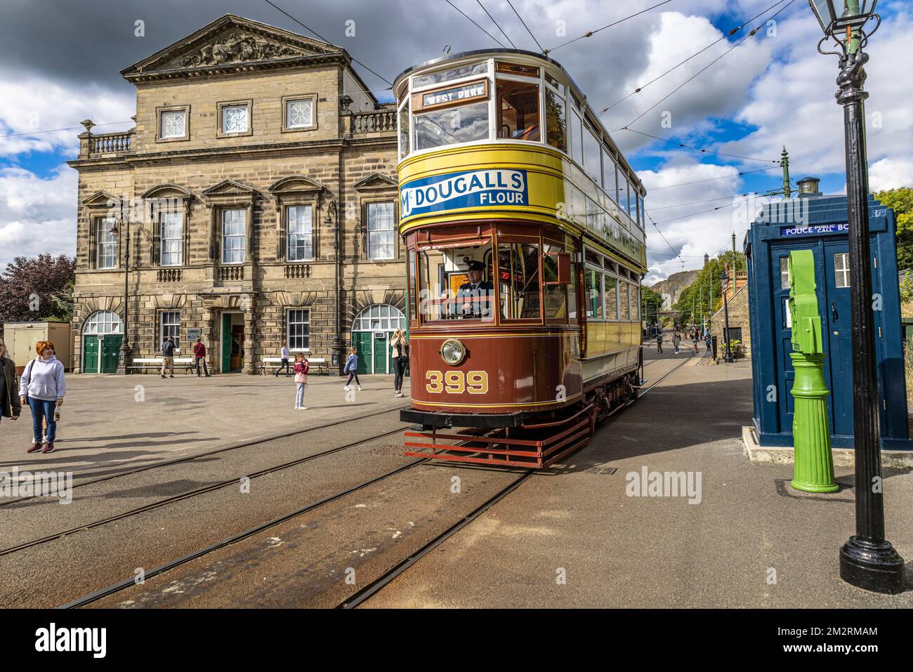 Leeds City Transport Tram No. 399 arriving at Crich Town End Terminus, National Tramway Museum, Crich, Matlock, Derbyshire, England. Stock Photo