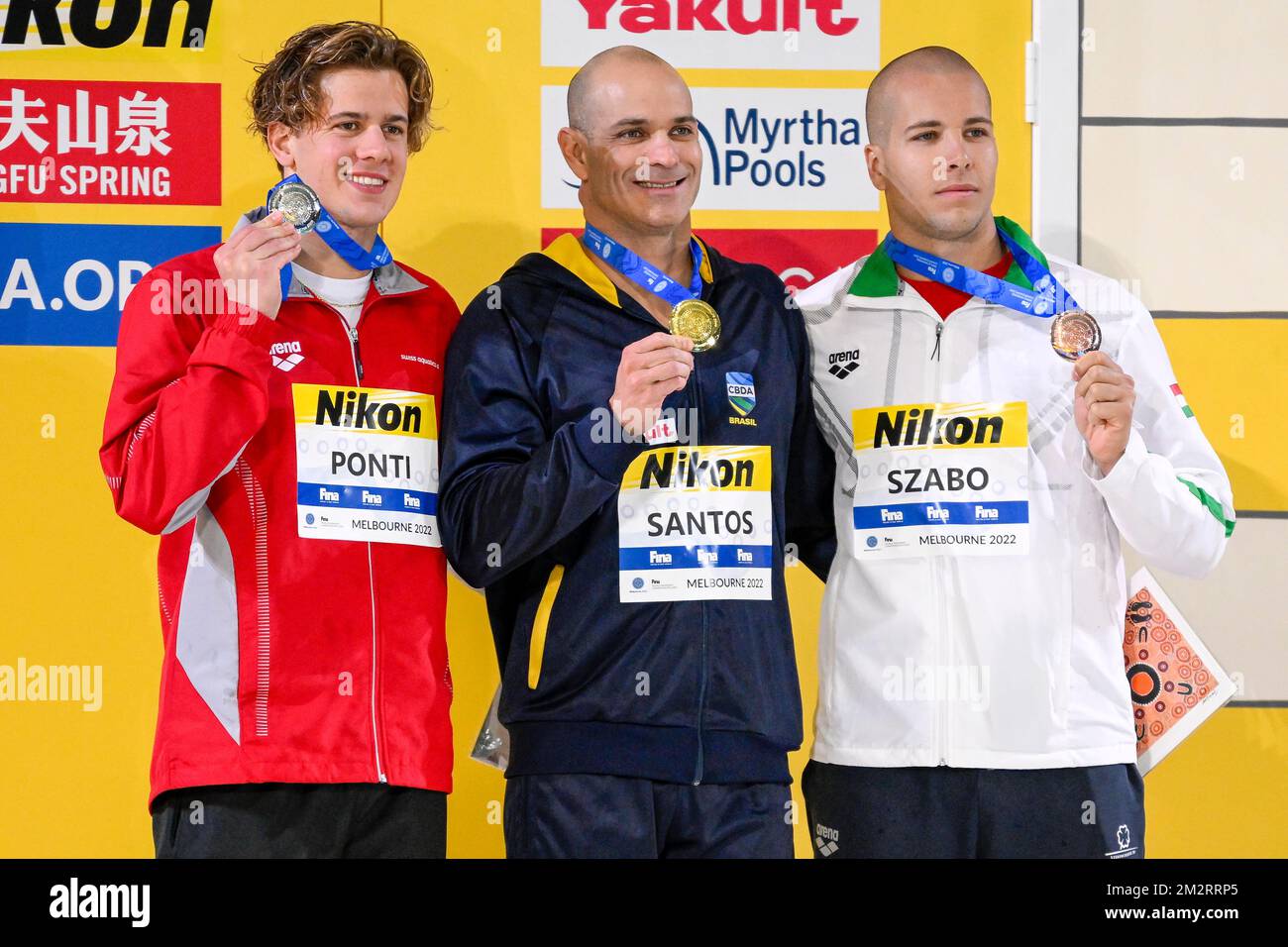 Melbourne, Australia. 14th Dec, 2022. Noe Ponti of Switzerland, silver, Nicholas Santos of Brazil, gold, Szebasztian Szabo of Hungary, bronze, pose with the medals after compete in the 50m Butterfly men Final during the FINA Swimming Short Course World Championships at the Melbourne Sports and Aquatic Centre in Melbourne, Australia, December 14th, 2022. Photo Giorgio Scala/Deepbluemedia/Insidefoto Credit: Insidefoto di andrea staccioli/Alamy Live News Stock Photo