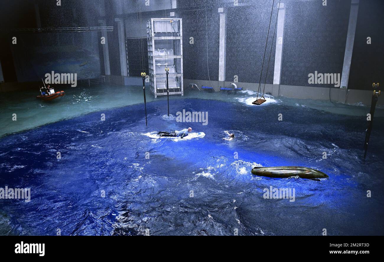 Illustration picture shows the water filming studio by VLAIO Agentschap Innoveren en Ondernemen and Lites, at Lites Water stage and film studios, Vilvoorde, during it's presentation on Wednesday 03 April 2019. The water studio's are the most advanced of their kind in Europe and allow to do big water shoots independent of outdoor weather conditions. BELGA PHOTO ERIC LALMAND Stock Photo