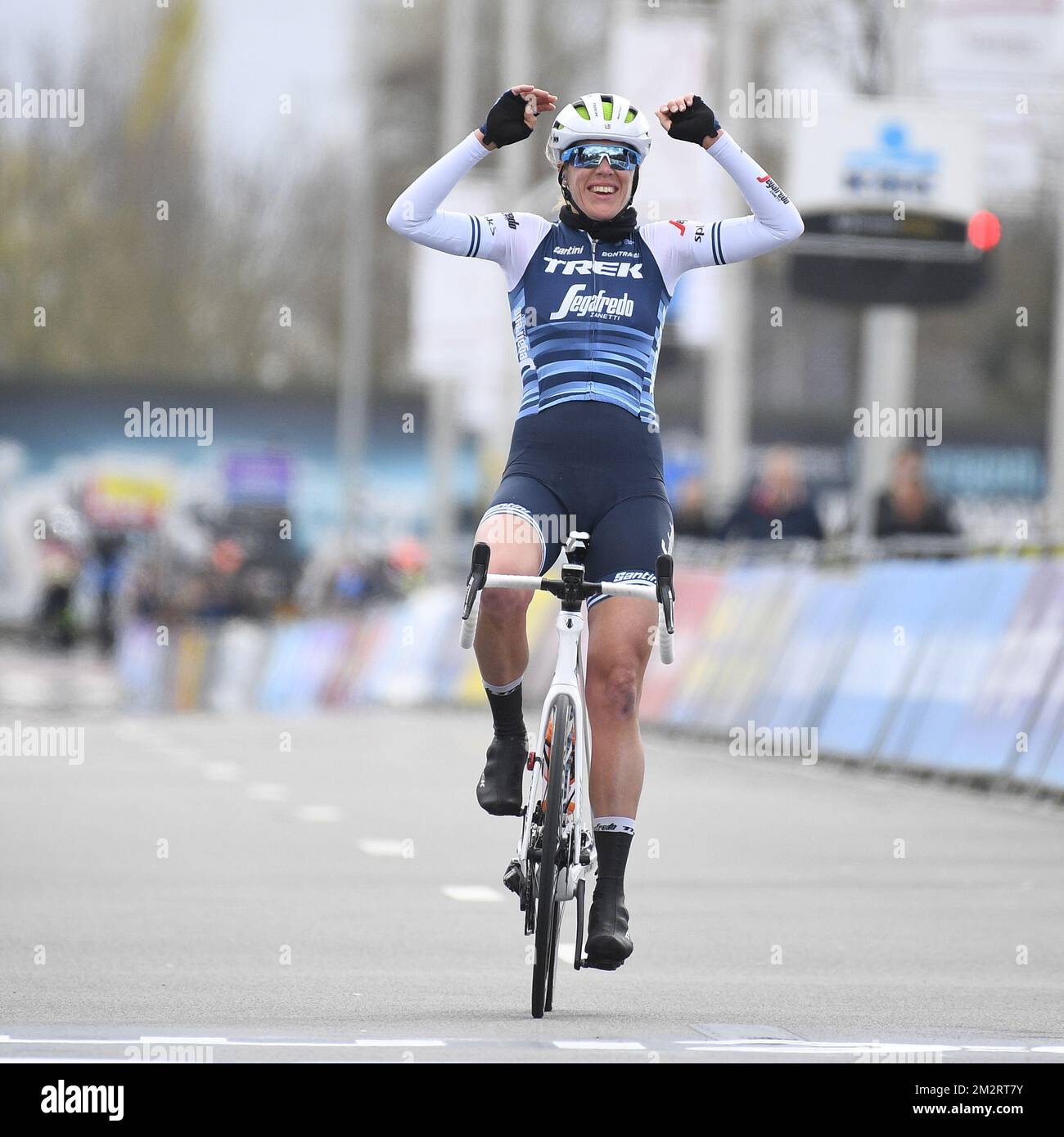 Dutch Ellen Van Dijk celebrates as she crosses the finish line solo to win  the 74th edition of the 'Dwars Door Vlaanderen' cycling race, 182,8 km from  Roeselare to Waregem, . BELGA
