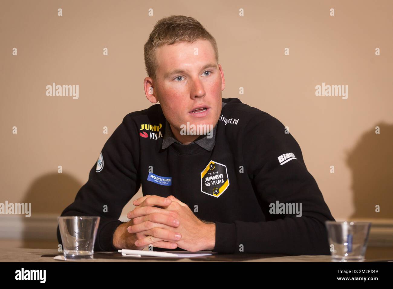 Dutch Mike Teunissen of Team Jumbo-Visma pictured during a press conference of team Jumbo Visma, Friday 05 April 2019, ahead of the 'Ronde van Vlaanderen - Tour des Flandres - Tour of Flanders' one day cycling race, in Gent. BELGA PHOTO JAMES ARTHUR GEKIERE Stock Photo