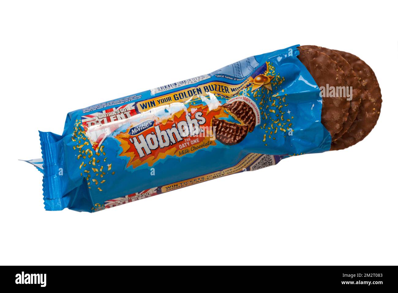 packet of McVitie's Hobnobs the Oaty One milk chocolate biscuits opened to show contents isolated on white background Stock Photo