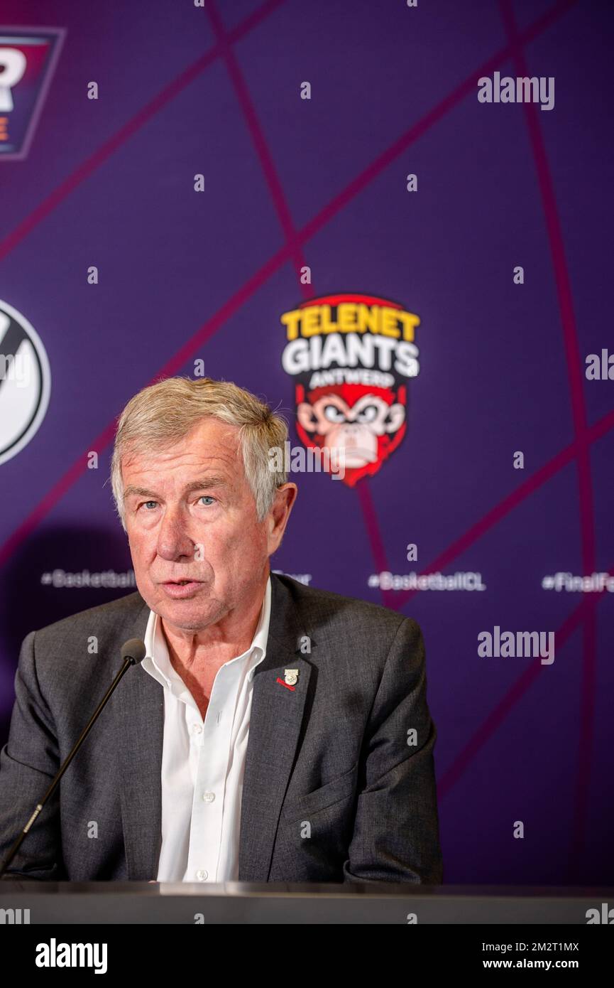 Antwerp Giants chairman Roger Roels pictured during a press conference to draw a schedule for the 'Final Four' semi-finals of the men's Champions League basketball tournament, Wednesday 10 April 2019 in Antwerp. The Final Four will be played in Antwerp on 3 May, the final will follow two days later. BELGA PHOTO JONAS ROOSENS Stock Photo