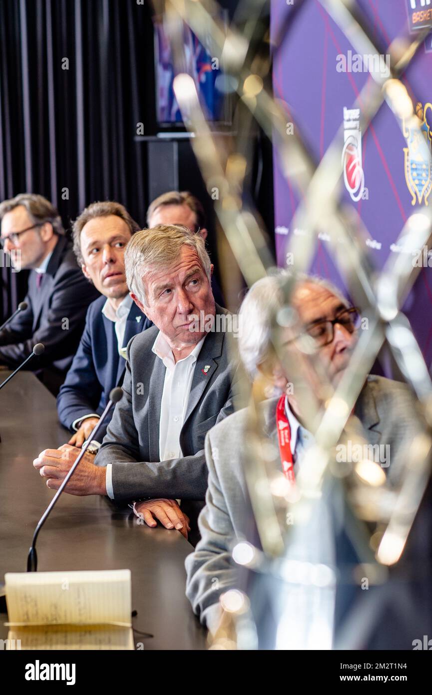Antwerp Giants chairman Roger Roels (C) pictured during a press conference to draw a schedule for the 'Final Four' semi-finals of the men's Champions League basketball tournament, Wednesday 10 April 2019 in Antwerp. The Final Four will be played in Antwerp on 3 May, the final will follow two days later. BELGA PHOTO JONAS ROOSENS Stock Photo