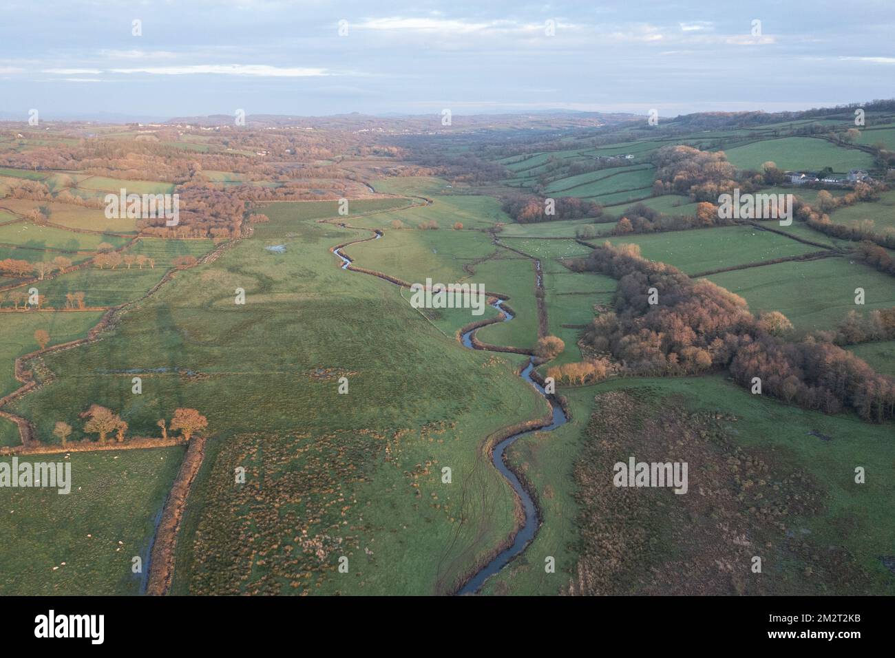 Aerial view of the course of the Gwendraeth Fach has been highly modified Stock Photo