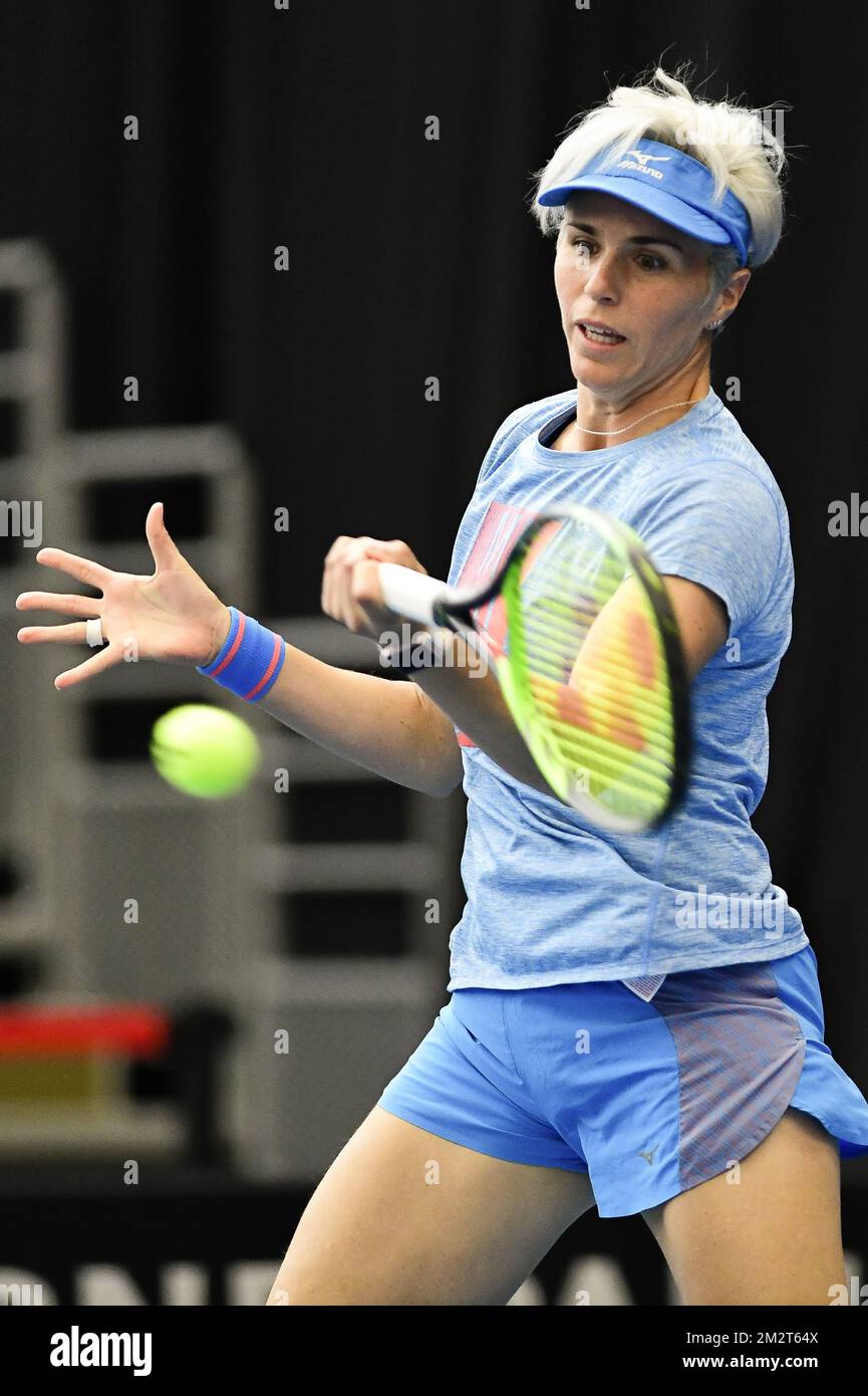 Spanish Aliona Bolsova Zadoinov pictured in action during a training  session in preparation of the Fed Cup World Group play-offs tennis between  Belgium and Spain, Thursday 18 April 2019 in Kortrijk. The