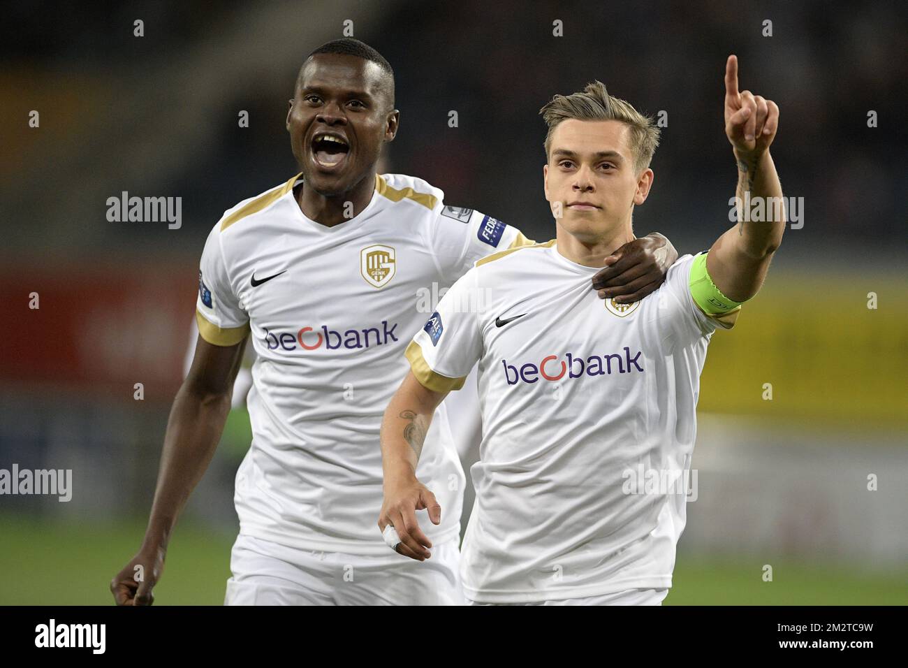 Genk's Leandro Trossard celebrates after scoring during a soccer match  between KAA Gent and KRC Genk, Saturday 27 April 2019 in Gent, on day 6 (out  of 10) of the Play-off 1