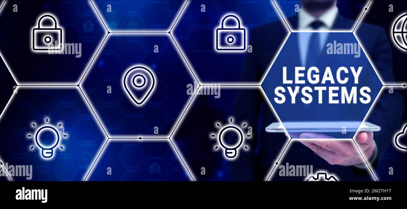 Sign displaying Legacy Systems. Business idea old method technology computer system or application program Stock Photo