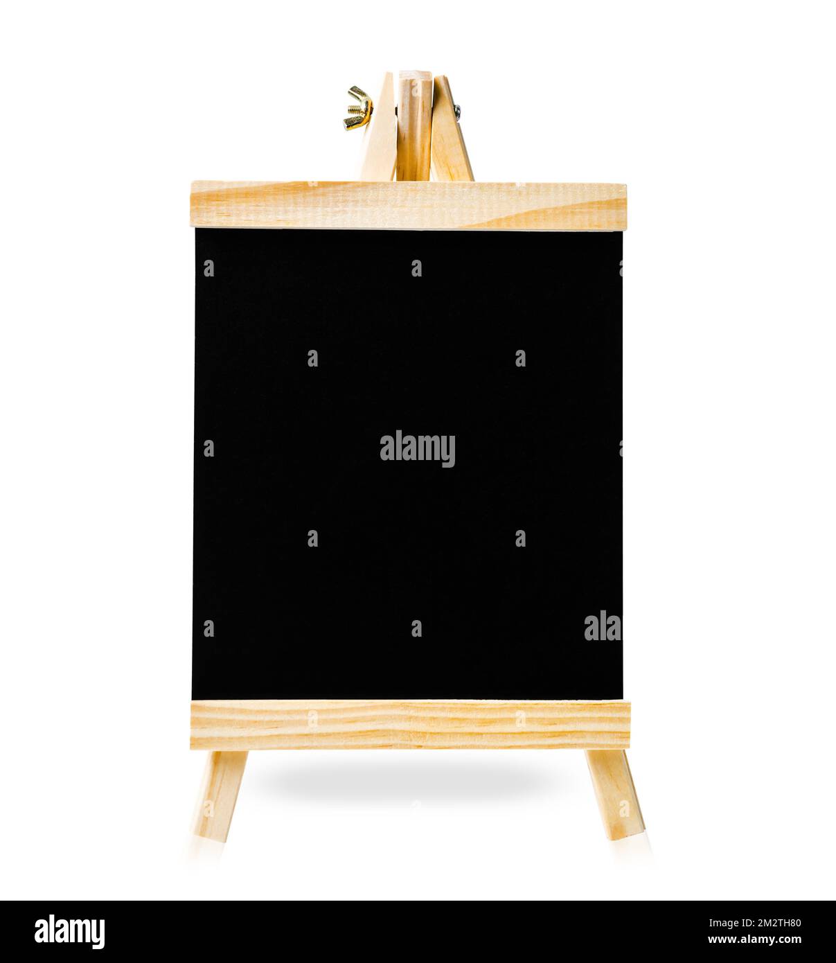 Small blackboard with a wooden frame on a stand isolated on white