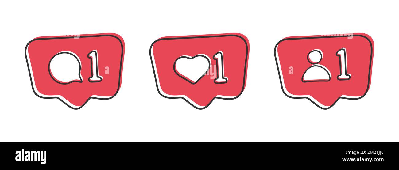 Social media notification flat icons in red color. Social media comment, like, follow signs. Can use for web and mobile app. Vector illustration eps 1 Stock Vector