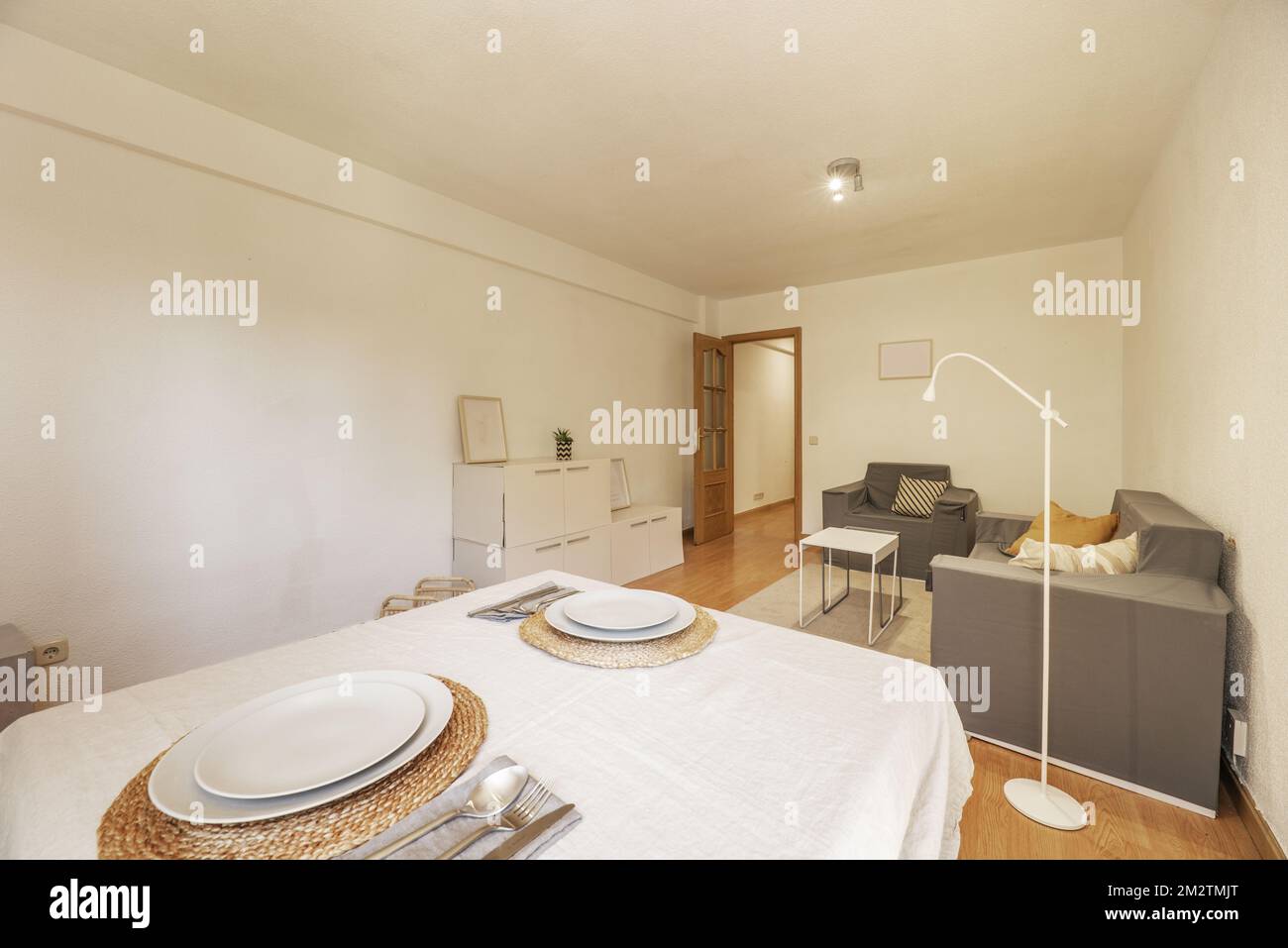 living-dining room of a house with cardboard furniture Stock Photo