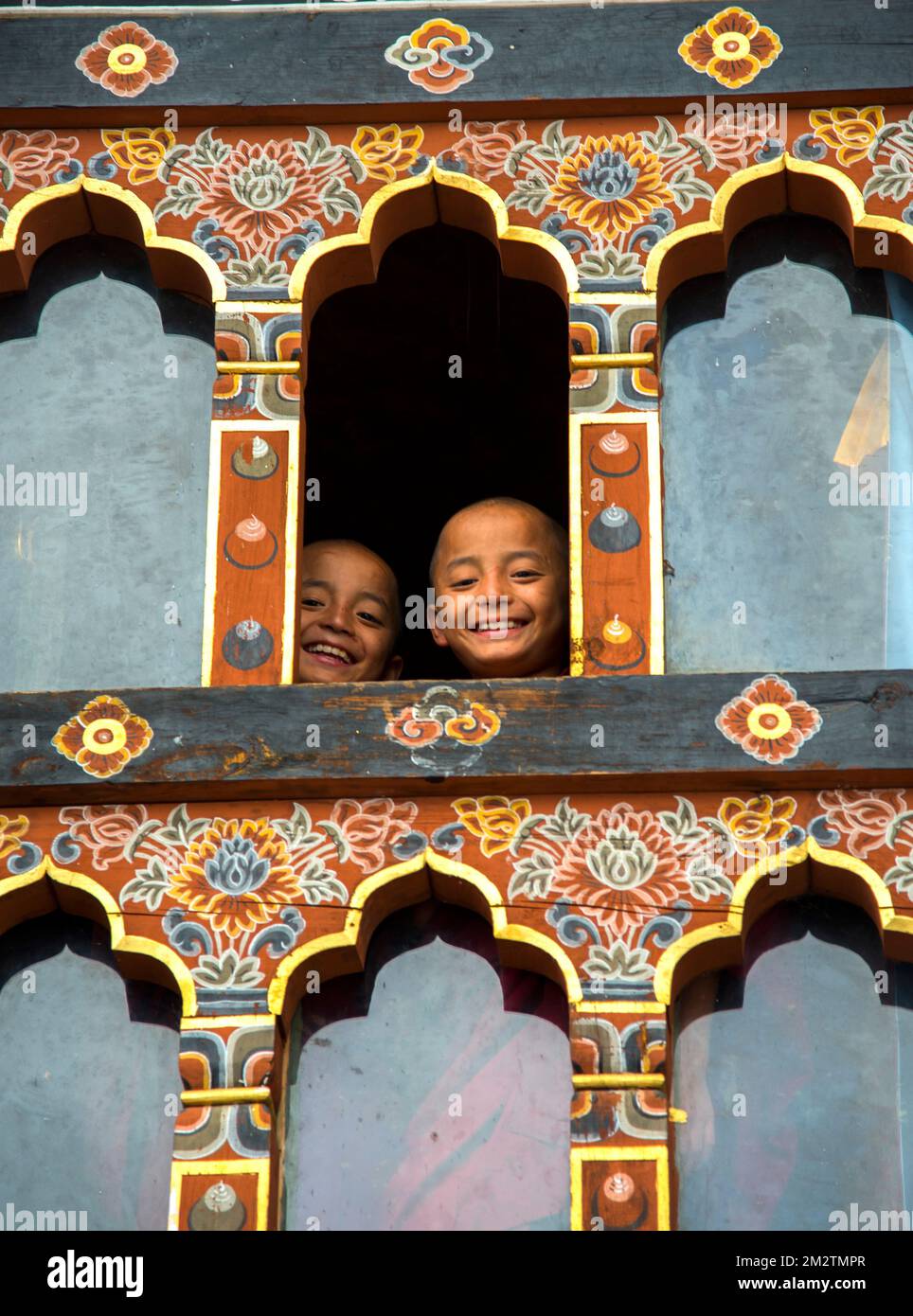 Novice monks at Nalanda Buddhist Institute and monastery Bhutan Stock Photo