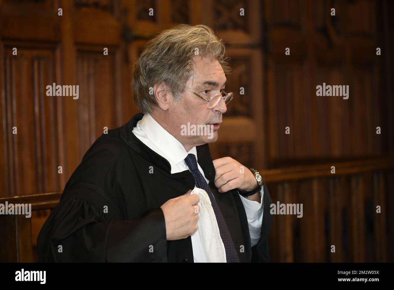 Lawyer Jean-Dominique Franchimont pictured during the assizes trial of five  men accused for the murder on Valentin Vermeersch before the Assizes Court  of Liege, Tuesday 21 May 2019, in Liege. 18-year-old Vermeersch