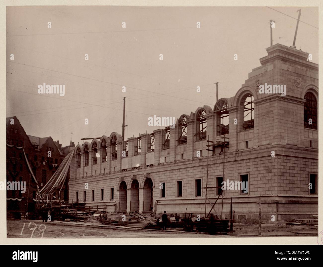 Facade showing installed cornice, Boylston and Dartmouth St corner