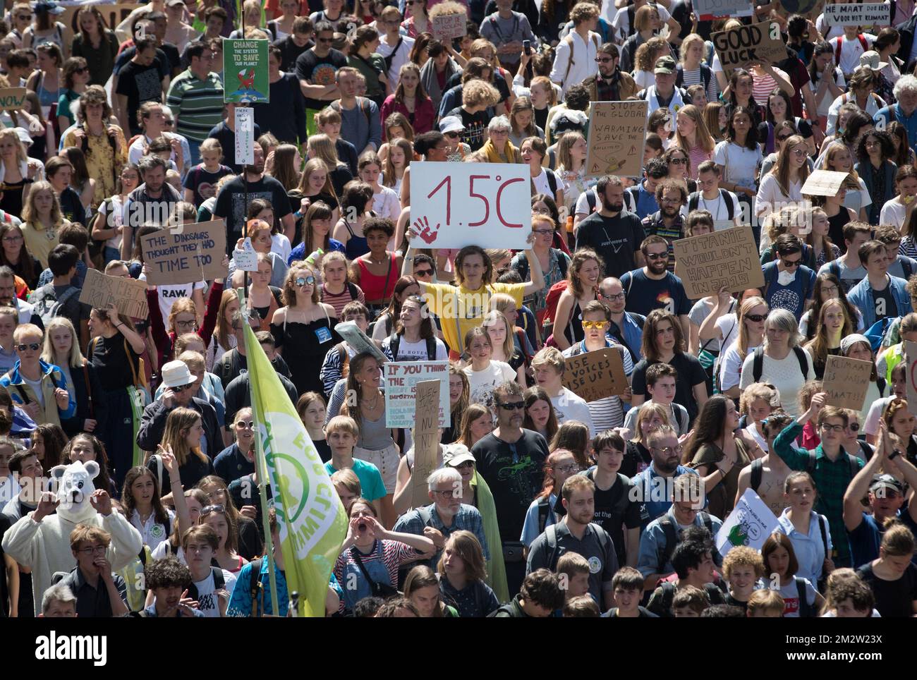 Illustration picture shows the second edition of the 'Global Strike for Future' protest and student strike action, organized by 'Youth For Climate', urging pupils to skip classes to protest a lack of climate awareness, Friday 24 May 2019 in Brussels. This marks the 20th consecutive week youths take the streets. The action is inspired by the 'School Strike' of Swedish 15-year-old Thunberg. BELGA PHOTO BENOIT DOPPAGNE Stock Photo