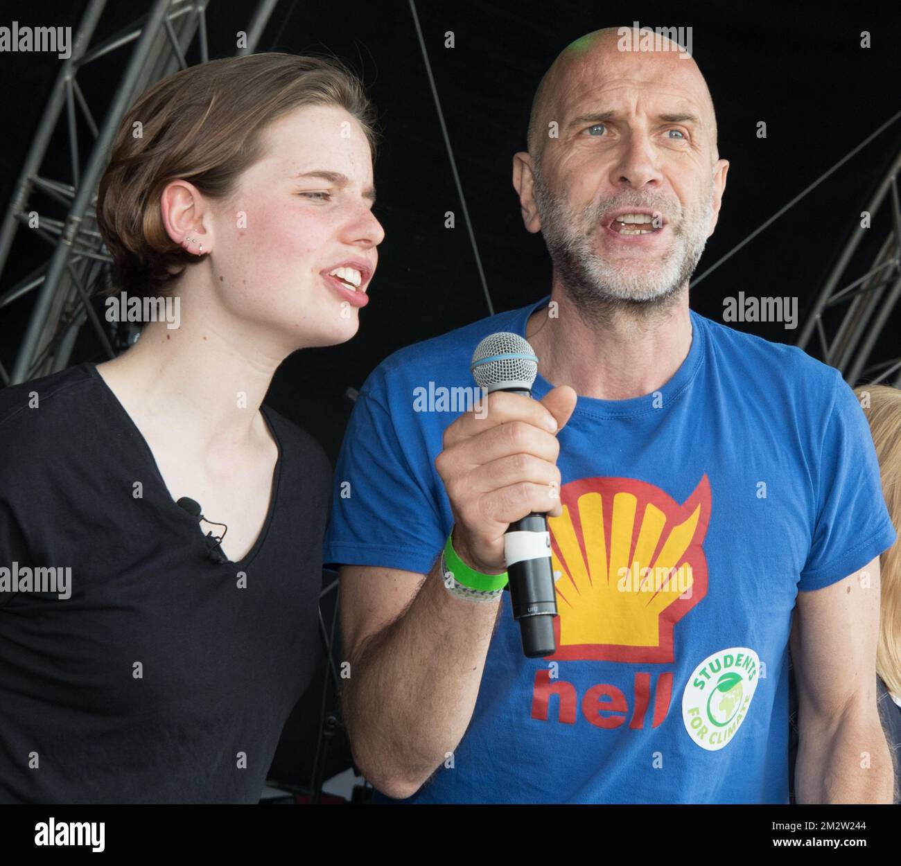 Climate activist Anuna De Wever and director Nic Balthazar pictured during the second edition of the 'Global Strike for Future' protest and student strike action, organized by 'Youth For Climate', urging pupils to skip classes to protest a lack of climate awareness, Friday 24 May 2019 in Brussels. This marks the 20th consecutive week youths take the streets. The action is inspired by the 'School Strike' of Swedish 15-year-old Thunberg. BELGA PHOTO BENOIT DOPPAGNE Stock Photo