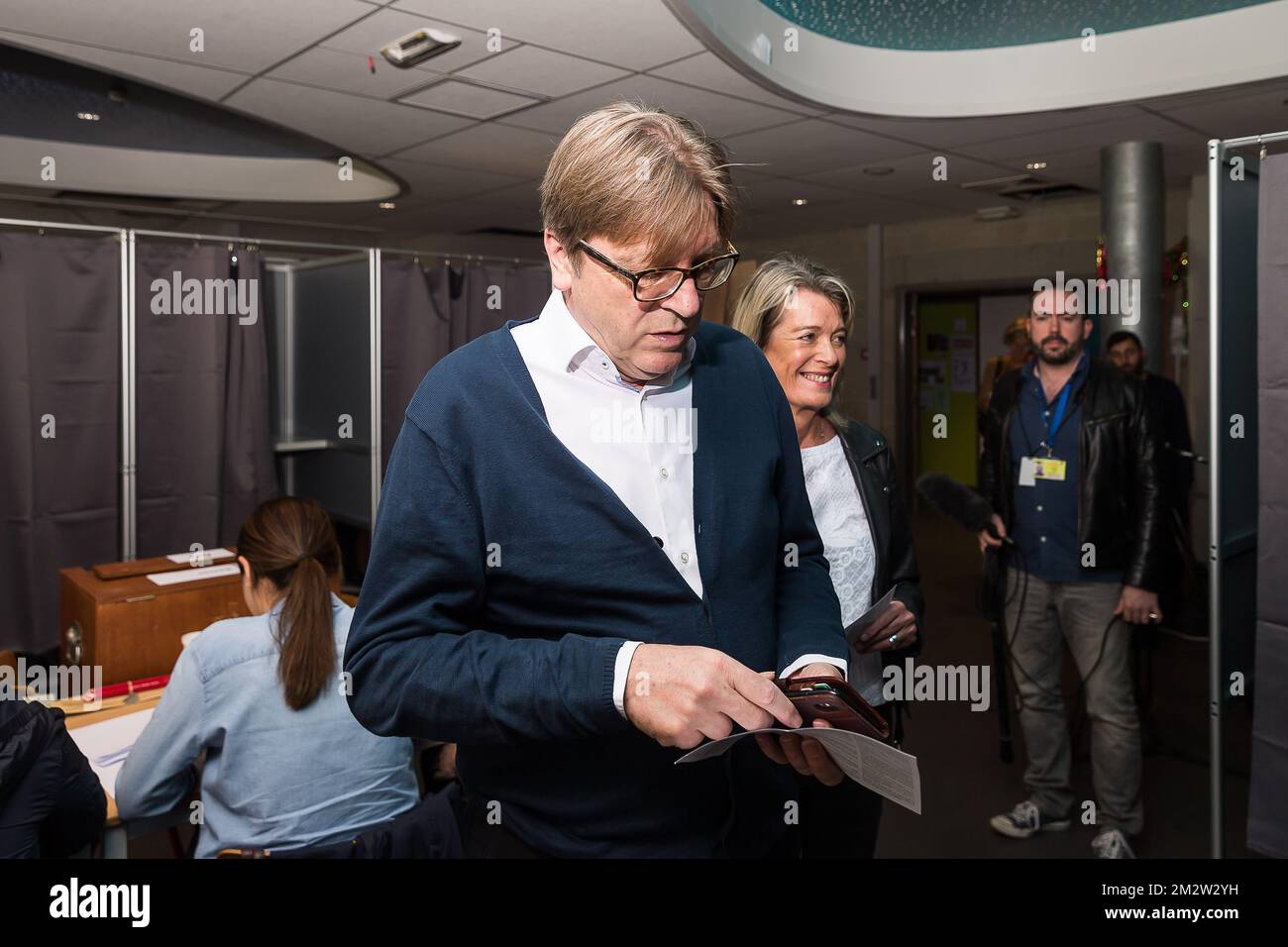 European parliament member for Open Vld Guy Verhofstadt and his wife Dominique Verkinderen pictured at a polling station in Mariakerke, Gent, Sunday 26 May 2019. Belgium holds regional, federal and European elections on Sunday. BELGA PHOTO JAMES ARTHUR GEKIERE Stock Photo