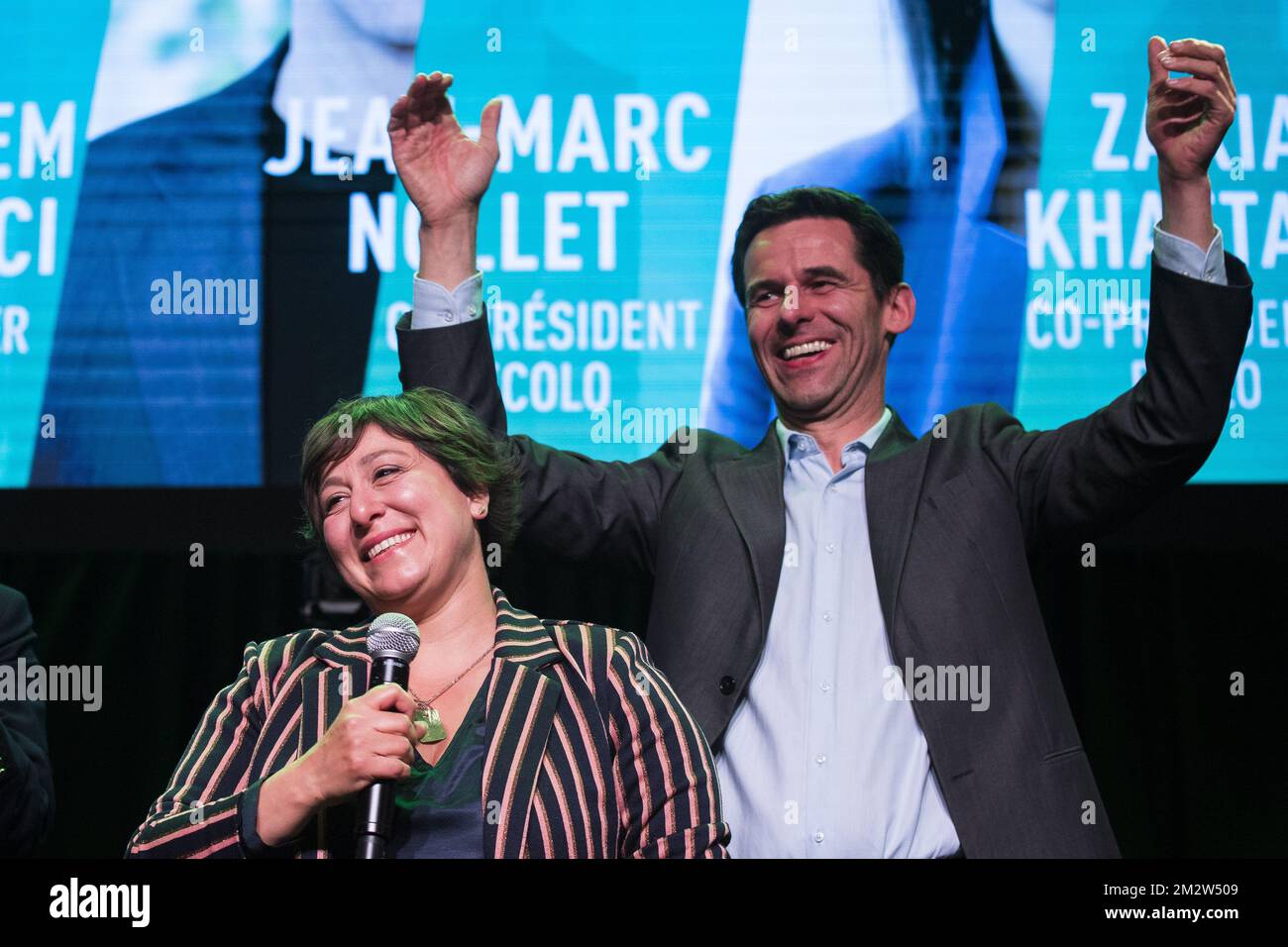 Groen chairwoman Meyrem Almaci and Ecolo co-chairman Jean-Marc Nollet  pictured during the post-election meeting of Ecolo and Groen, the  frenchspeaking and the Flemish ecologist parties, in Brussels, Sunday 26  May 2019. Belgium