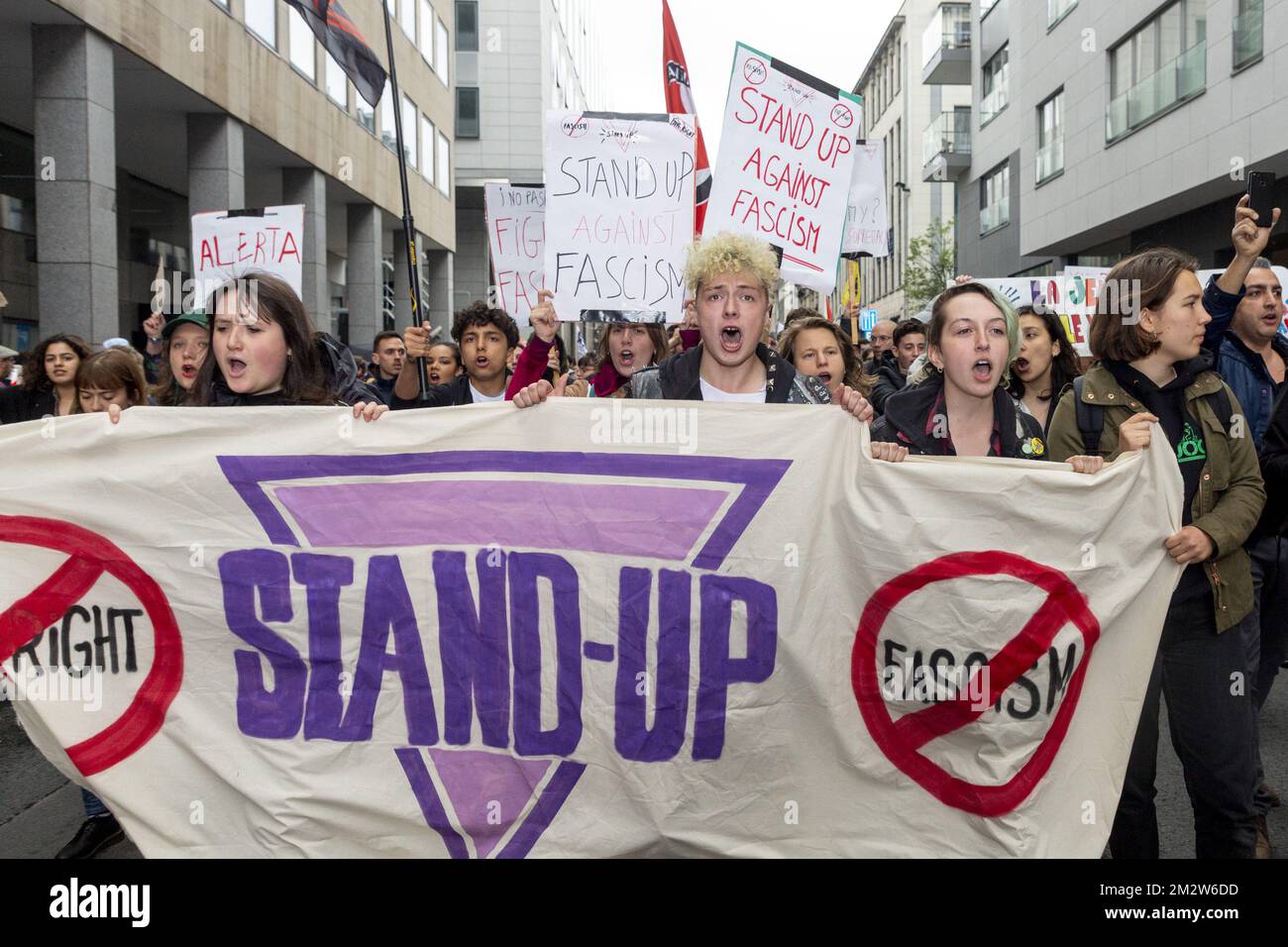 Protesters pictured during a protest against the rise of far right and fascism, in Brussels, Tuesday 28 May 2019. In Sunday's elections, far right parties multiplied the number of elected candidates. BELGA PHOTO HATIM KAGHAT Stock Photo