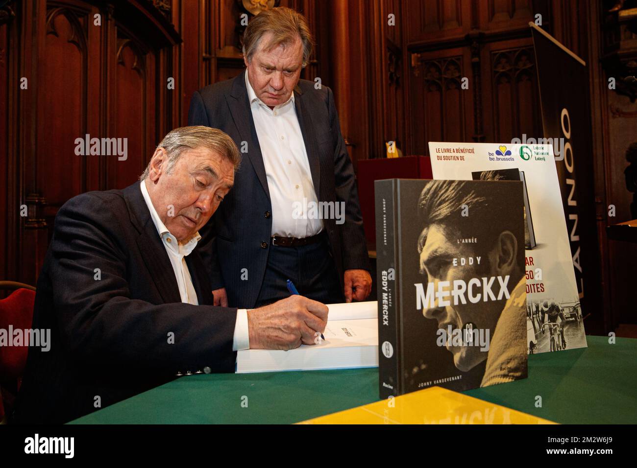 Former Belgian cyclist Eddy Merckx and VRT journalist Johny Vansevenant  pictured during a press presentation of the book entitled '1969 - Het jaar  van Eddy Merckx / 1969, l'annee de Eddy Merckx'