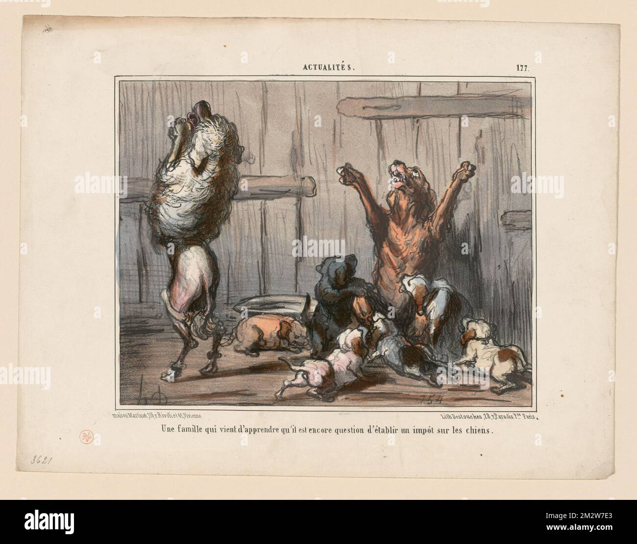 Une famille qui vient d'apprendre...un impôt sur les chiens. Honoré Daumier (1808-1879). Lithographs Stock Photo