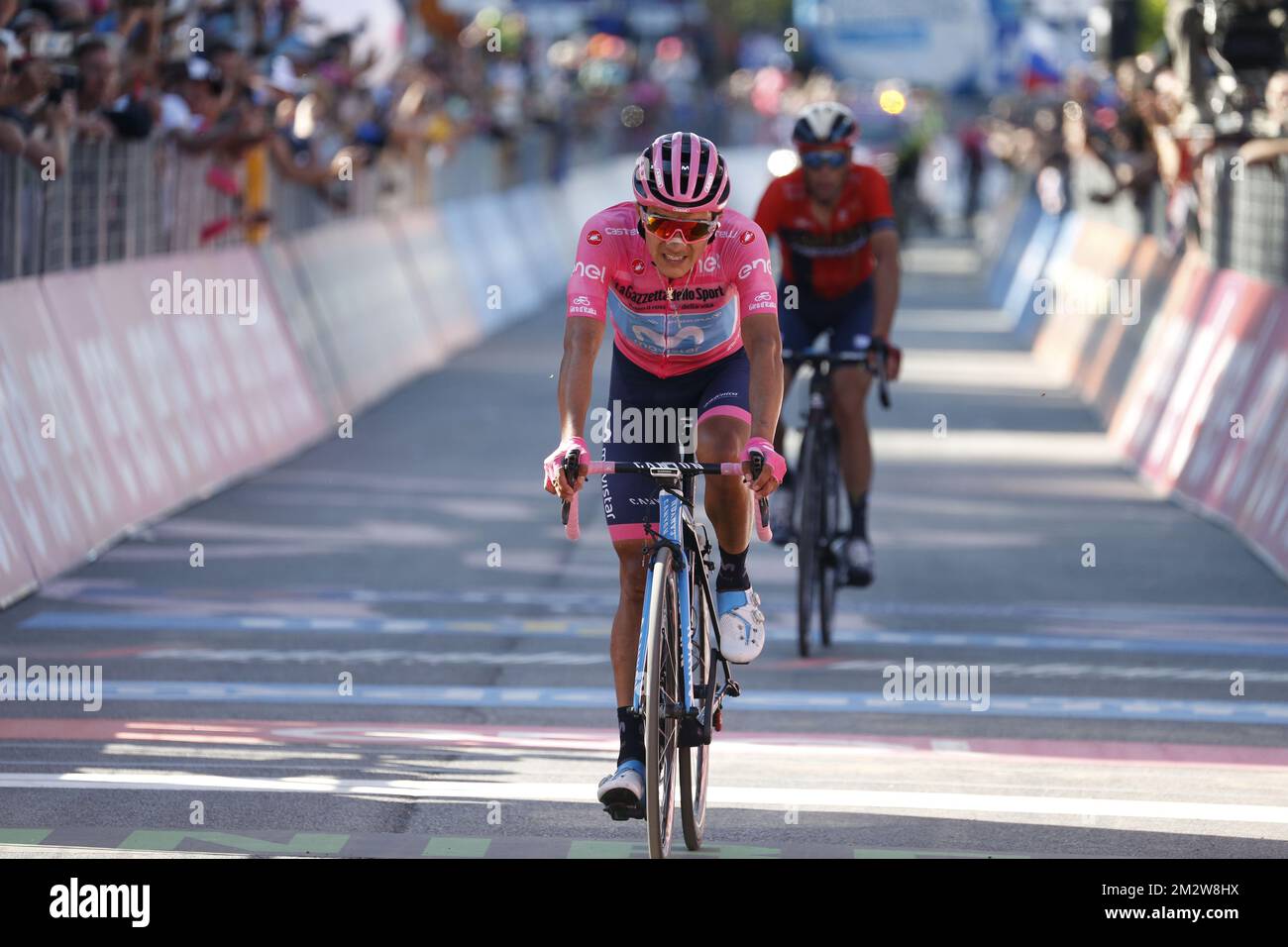Ecuadorian Richard Carapaz of Movistar Team crosses the finish line of the twentieth stage of the 101st edition of the Giro D'Italia cycling race, 194km from Feltre to Croce d'Aune-Monte Avena, Italy, Saturday 01 June 2019. BELGA PHOTO YUZURU SUNADA FRANCE OUT  Stock Photo