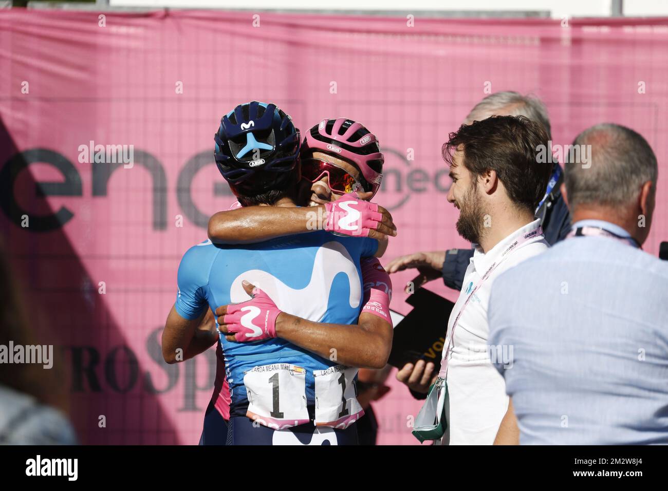 Spanish Mikel Landa of Movistar Team and Ecuadorian Richard Carapaz of Movistar Team celebrates after the twentieth stage of the 101st edition of the Giro D'Italia cycling race, 194km from Feltre to Croce d'Aune-Monte Avena, Italy, Saturday 01 June 2019. BELGA PHOTO YUZURU SUNADA FRANCE OUT  Stock Photo