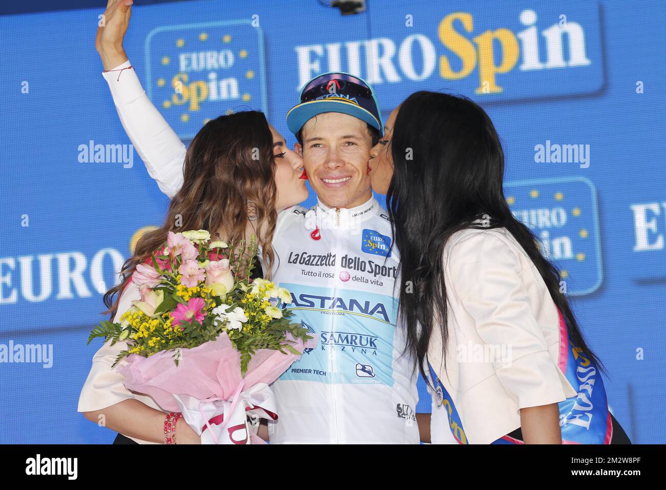 Spanish Miguel Angel Lopez of Astana Pro Team celebrates in the white jersey for best young rider after the twentieth stage of the 101st edition of the Giro D'Italia cycling race, 194km from Feltre to Croce d'Aune-Monte Avena, Italy, Saturday 01 June 2019. BELGA PHOTO YUZURU SUNADA FRANCE OUT  Stock Photo